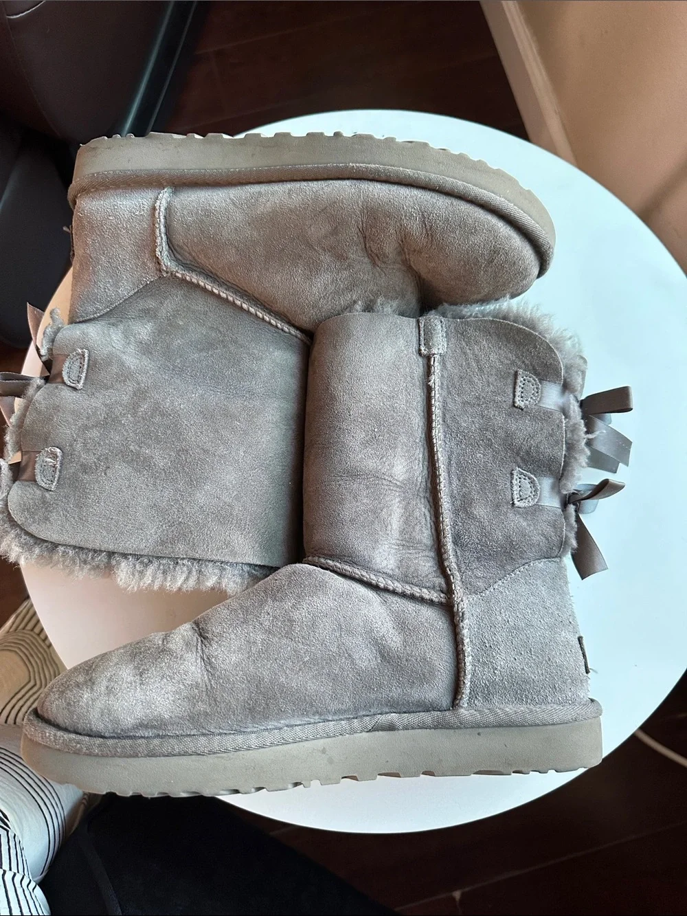 UGG Women's Gray Suede Shearling Winter Boots with Back Bow
